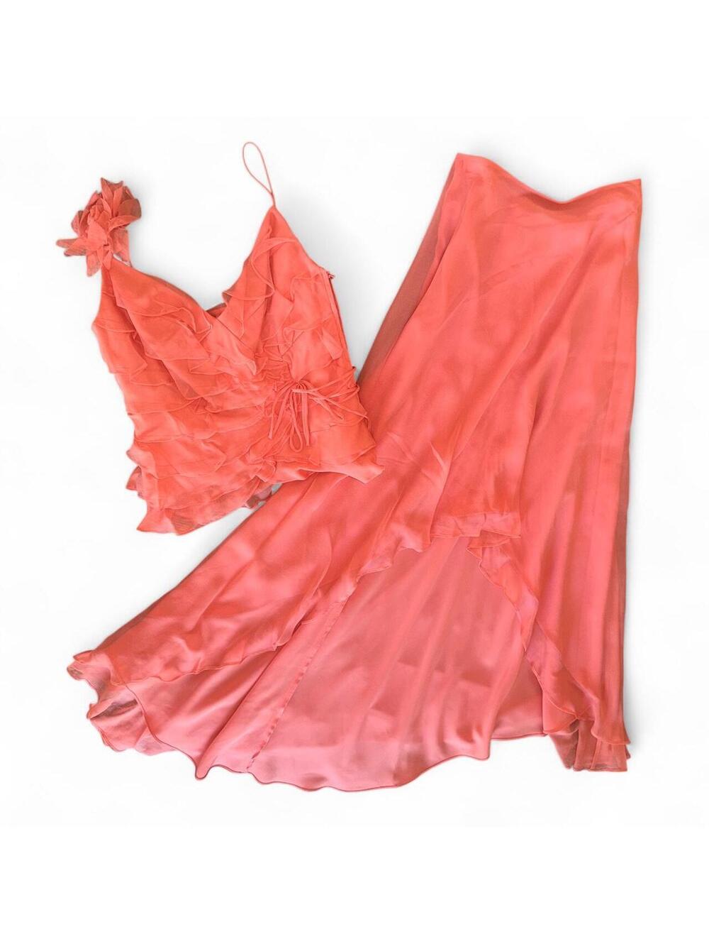Vintage Y2K Cache Coral Ruffle Two-Piece Set